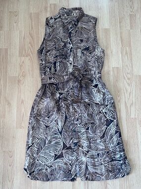 Lauren Ralph Lauren Brown & Tan Sleeveless 100% Linen Button Up Dress w/ Sash